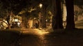 Night photo of an old path under the trees leading to the statues of angels Royalty Free Stock Photo