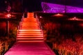 Night photo of one of the many steps and stairs at the Heartland of America Park at the Riverfront in Omaha Nebraska USA