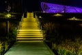 Night photo of one of the many steps and stairs at the Heartland of America Park at the Riverfront in Omaha Nebraska USA