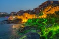 Night photo of reconstructed gate part of Sozopol ancient fortifications