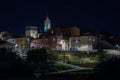 Night photo of a rural town with lots of color