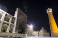 Night photo shoot of ancient buildings in the old town of Bukhara, Central Asia. Kalyan minaret of Poi Kalyan