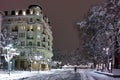 Night photo of snowy street in center of Sofia city Royalty Free Stock Photo