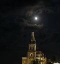 Night photography in Cuetzalan Puebla, view of the church of San Francisco de Asis and moon Royalty Free Stock Photo