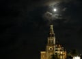 Night photography in Cuetzalan Puebla, view of the church of San Francisco de Asis and moon Royalty Free Stock Photo