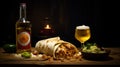 Night Photography: A Dark Amber Burrito With Guacamole And Side Items