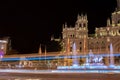 Night photography of lines of light drawn by the traffic of vehicles next to the Fuente de Cibeles