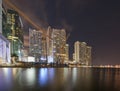 Night photography Miami River with view of Downtown lit at night. Long exposure smooth blurry water