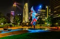 Night photography of The Wind sculpture by Yinka Shonibare, at Gene Leahy Mall Riverfront Omaha Nebraska USA. Royalty Free Stock Photo