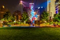 Night photography of The Wind sculpture by Yinka Shonibare, at Gene Leahy Mall Riverfront Omaha Nebraska USA.