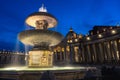 Night picture of Maderno`s fountain and St. Peter`s Basilica at the background during blue hour. Long exposure photo of Maderno Royalty Free Stock Photo