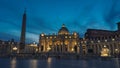 A night picture of The Papal Basilica of St. Peter in the Vatican. St Peter`s, Bernini`s colonnade and Maderno`s fountain at ni