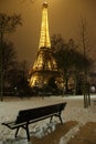 Rare snow in Paris near Eiffel Tower