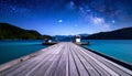 Night pier, milky way, tranquil lake Royalty Free Stock Photo