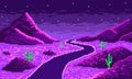 Night pixelated neon desert with winding road background