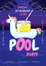 Night pool party poster flat vector template