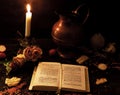 Night prayer by candlelight, jug and roses.