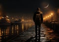 night promenade at sea on summer starry night and moon,on horizon city blurred light ,people walk Royalty Free Stock Photo