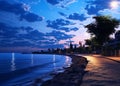 night promenade at sea on summer starry night and moon,on horizon city blurred light ,people walk