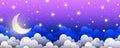 Night purple sky background. Starry dark gradient space. Crescent moon and clouds dreamy scene. Vector cute landscape Royalty Free Stock Photo