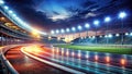A Night Race Track Double Exposure Empty Grandstand Illuminated Circuit A Stunning Visual Representing Speed Solitude Royalty Free Stock Photo