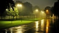 Night rain in the park. Photorealistic image of the park at night in the rain. A soccer field with goals and a baseball field with Royalty Free Stock Photo