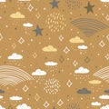 night rain seamless pattern abstract scales, rain, sky clouds stars, simple Nature doodle lines scandinavian style. Nursery decor Royalty Free Stock Photo