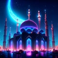 Night ramadan background with mosque and crescent moon, 3d illustration Generative AI
