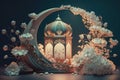 A night in Ramadan. A colorful lantern with glowing evening light in flowers. Vintage 3d render style. Generative AI