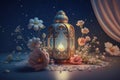 A night in Ramadan. A colorful lantern with glowing evening light in flowers. Vintage 3d render style. Generative AI