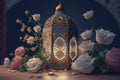 A night in Ramadan. A colorful lantern with glowing evening light in flowers. Vintage 3d render style. Generative AI