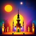 A night in Ramadan. A colorful mosque and a lantern with a glowing evening light. 3d