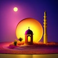 A night in Ramadan. A colorful mosque and a lantern with a glowing evening light. 3d