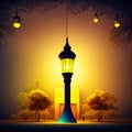 A night in Ramadan. A colorful mosque and a lantern with a glowing evening light. 3d