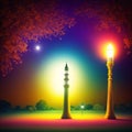 A night in Ramadan. A colorful mosque and a lantern with a glowing evening light. 3d