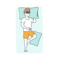 Night Rest and Bedding Time Concept. Man Wearing Pajama and Mask Sleep on Bed Lying on Back with Hand under Pillow