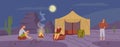 Night rest in desert camp with travelers near bonfire, flat vector illustration.