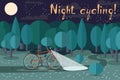 Night riding on the bike. Cycling at night. Interesting night ride on a bicycle in the park. Night cycling!
