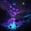 night river landscape with bioluminescent blue water, purple particles, starry sky and moon created by generative AI Royalty Free Stock Photo