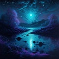 Night river landscape with bioluminescent blue water, purple particles, starry sky and moon created by generative AI Royalty Free Stock Photo