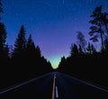 Night road and aurora