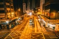 Night road at Central district Hong Kong city street view with traditional style tram public transport Royalty Free Stock Photo