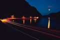 Night road, mountain and Lake