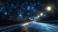 Night road with shining lights under starry sky Royalty Free Stock Photo