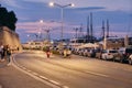 Night road and street lights with docked ships in Zadar