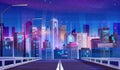 Night road to city neon skyline landscape vector Royalty Free Stock Photo