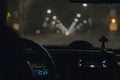 Night road. View from inside car. Natural light. Street and other cars is motion blurred Royalty Free Stock Photo