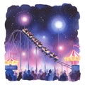 Night Rollercoaster Ride with Fireworks and Crowd Royalty Free Stock Photo