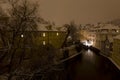 Night romantic snowy Prague Mill above gutter Certovka, Czech republic