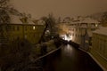 Night romantic snowy Prague Mill above gutter Certovka, Czech republic